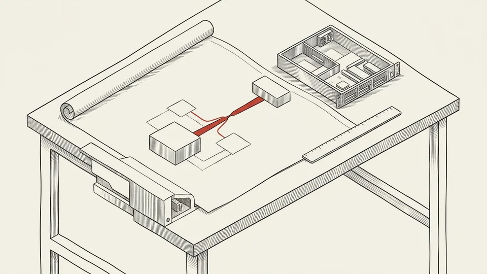 Plano de arquitetura com uma passagem estreita destacada, ao lado de equipamento e instrumento de medida.
