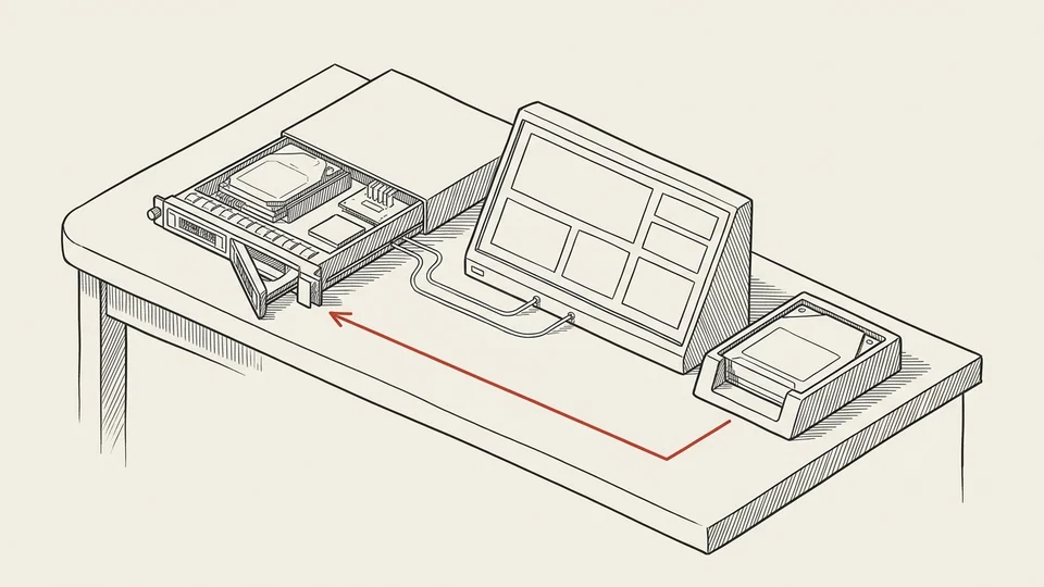 Servidor, console de acompanhamento e cópia separada; um caminho vermelho indica a recuperação.