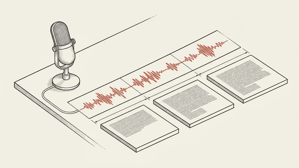 Microfone, três trechos de áudio e três blocos de transcrição na mesma sequência.